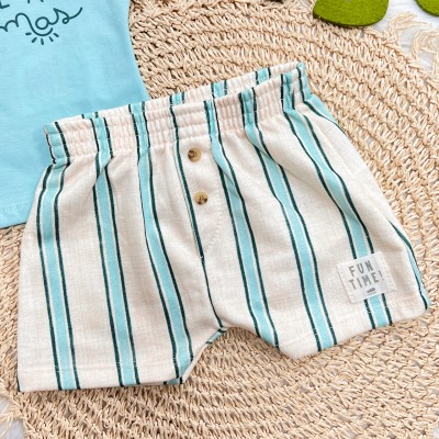 Conj. Camiseta "Minhas Pequenas Formas" e Bermuda Listrada - Azul Piscina e Areia